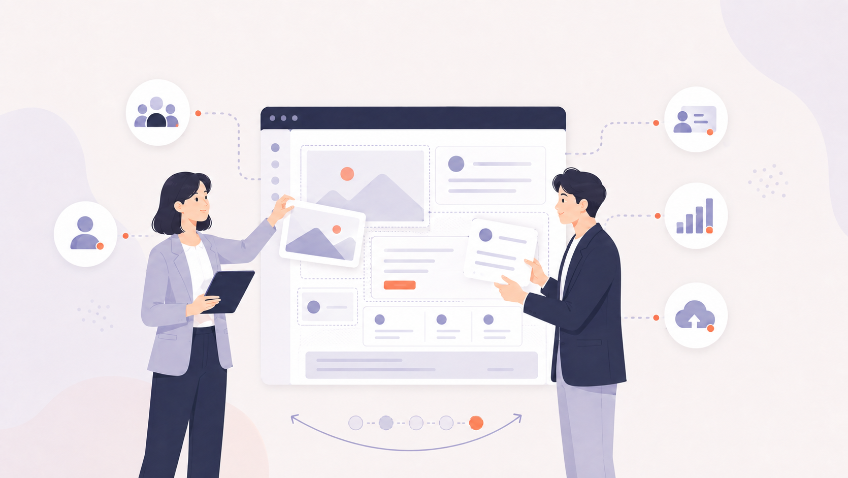 Webサイト・CMS・CRMを顧客接点として一体設計する担当者のイラスト