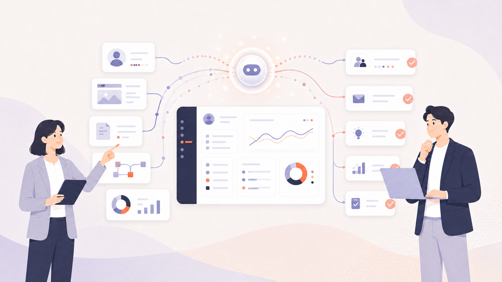 HubSpotのデータとコンテンツをAIから活用する担当者のイラスト