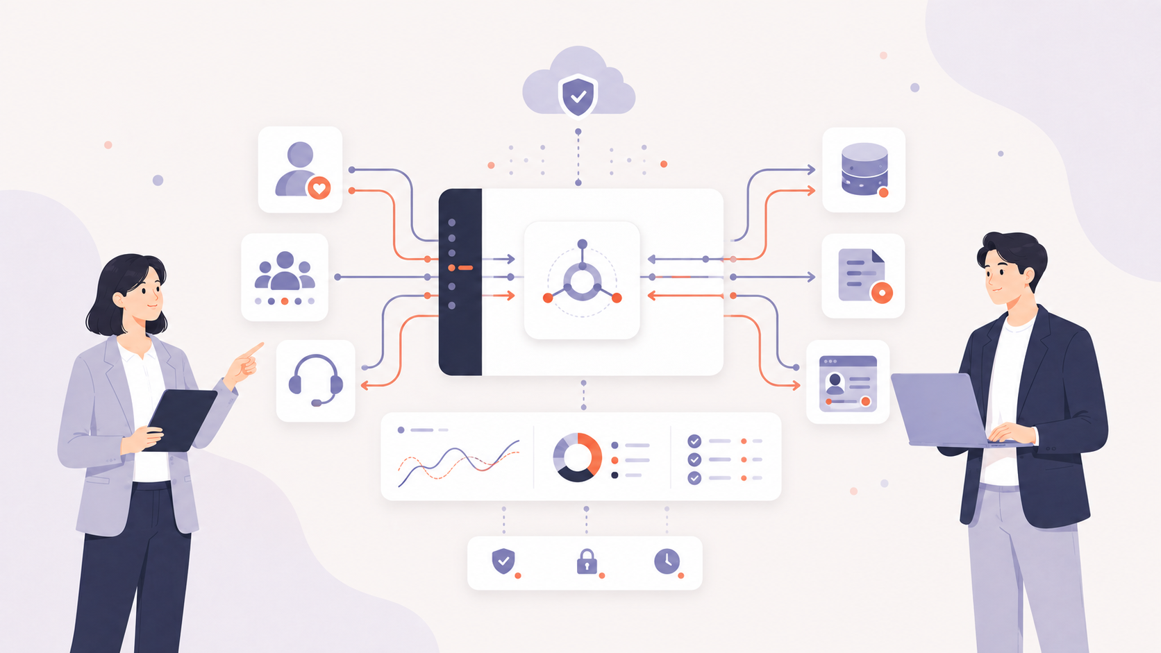 HubSpotと複数の業務システムを安全につなぐ担当者のイラスト